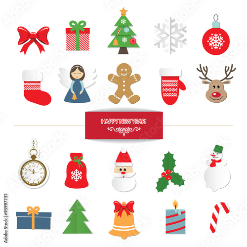Christmas decorative elements and stickers set isolated on white.