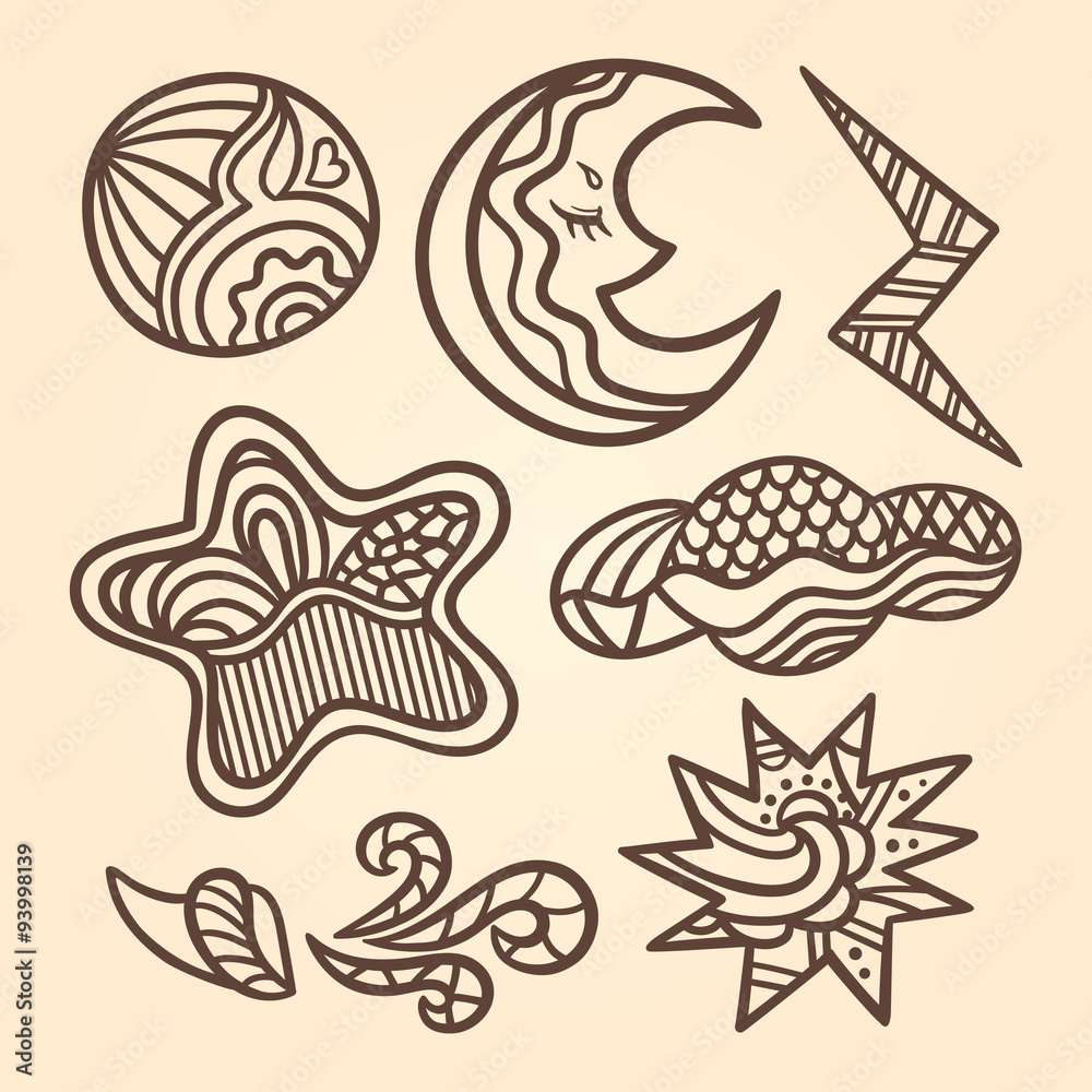 Set of stylized elements of the weather. Set of the sun, the full moon, crescent moon, stars, wind, clouds and lightning. Weather background. Hand drawn ornaments. Outline without color fill. Doodles.