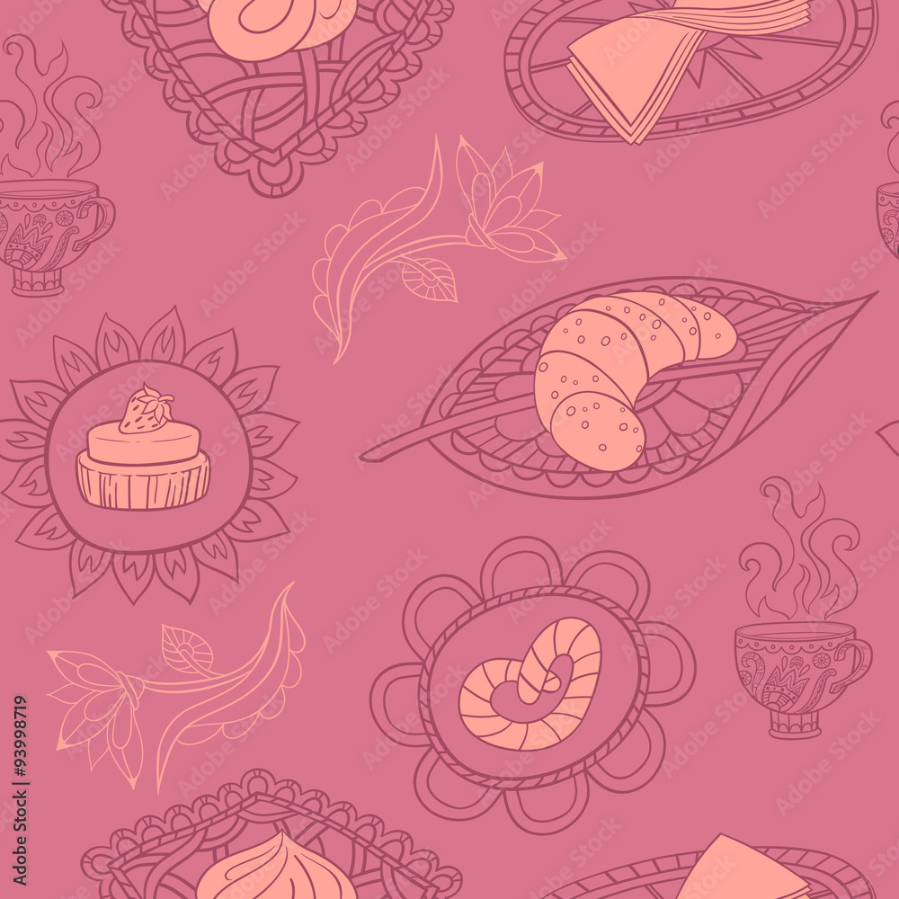 Seamless pattern with baking, cup and flower. 