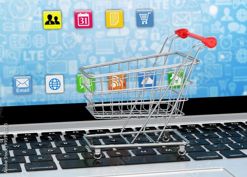 Shopping cart on laptop. 