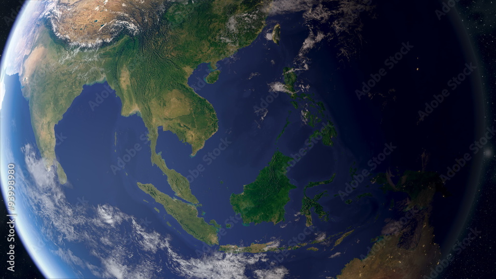 Orbiting over south east Asia. Photorealistic animation, created using ...
