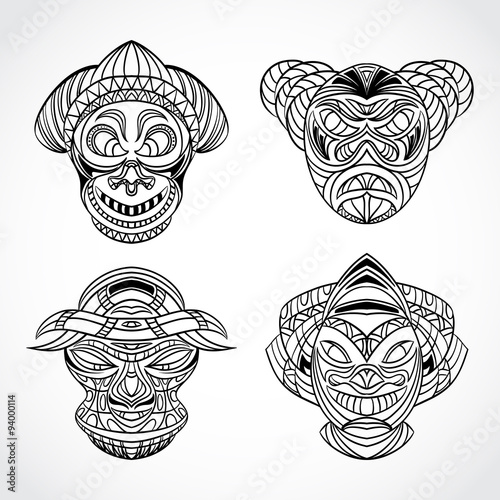 Collection of Tribal mask. Retro hand drawn vector illustration