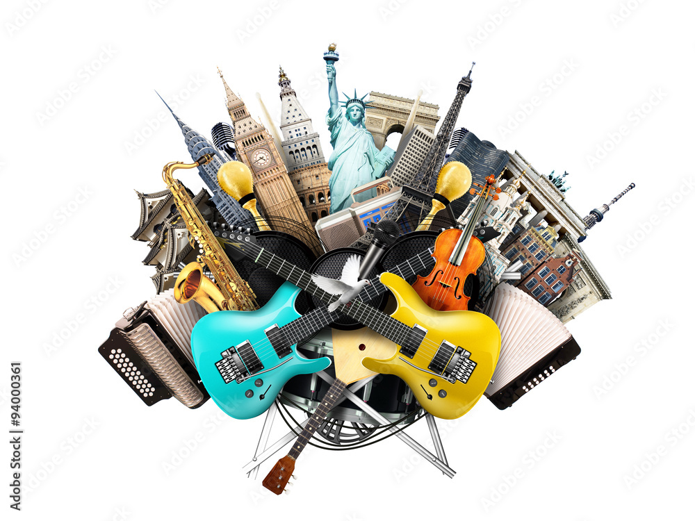 Music collage, musical instruments and world landmarks