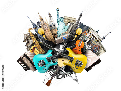 Music collage, musical instruments and world landmarks