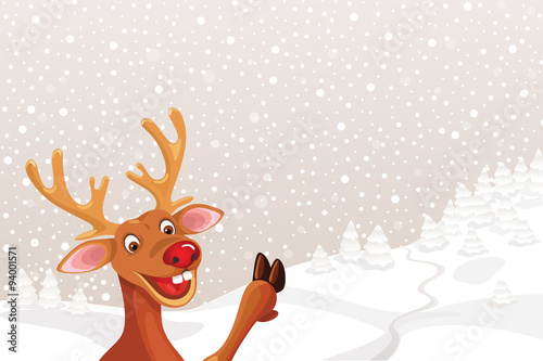 Reindeer Rudolph with copy space Christmas landscape snowflake background