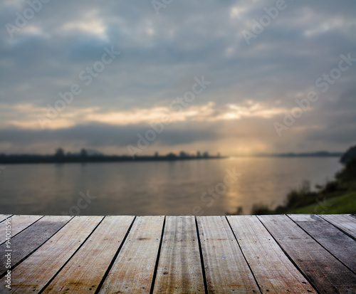 Blurred landscape with wood terrace 