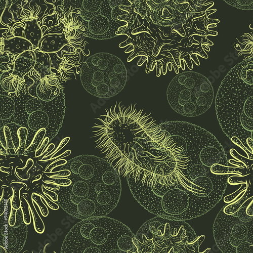 Seamless pattern with microbes and viruses. Vintage design set.  Realistic isolated hand drawn vector illustration.