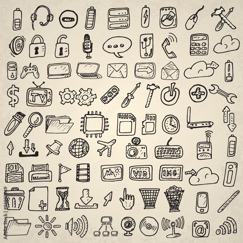 Hand drawn computer icons set. Hand drawn computer icons set.
