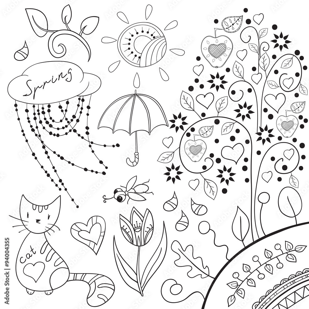 Fototapeta premium Spring romantic collection. Outline without color fill. 