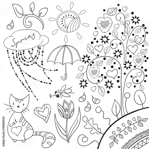 Spring romantic collection. Outline without color fill. 