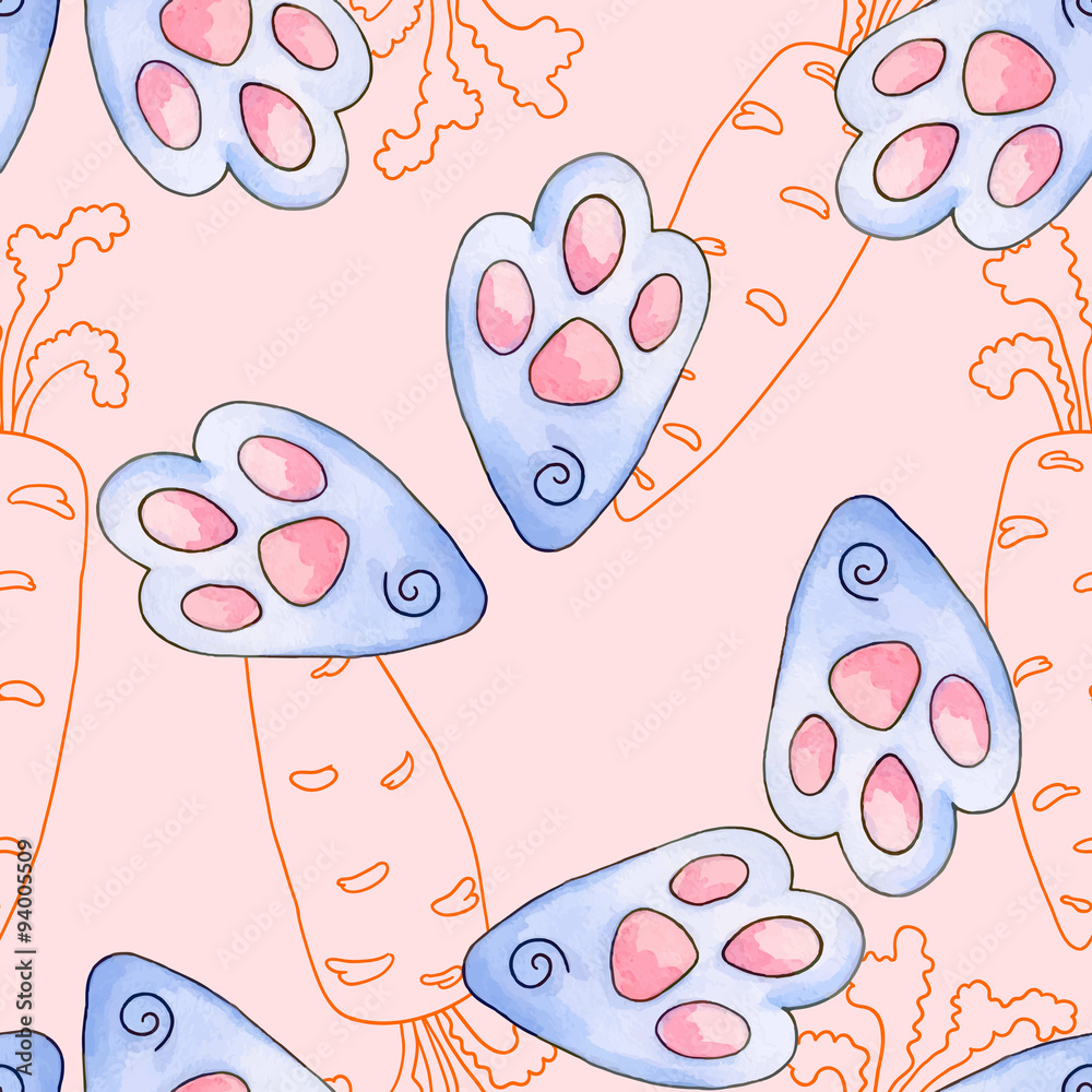 Seamless background with watercolor rabbit paws. Texture with watercolor rabbit paws and carrots. Seamless background with watercolor rabbit paws. Texture with watercolor rabbit paws and carrots.
