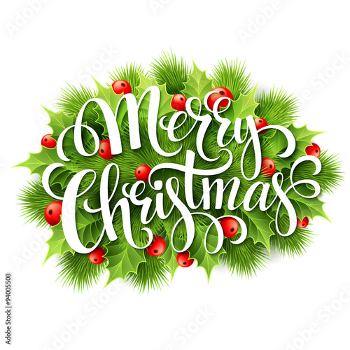 Merry Christmas lettering card with holly. Vector illustration 