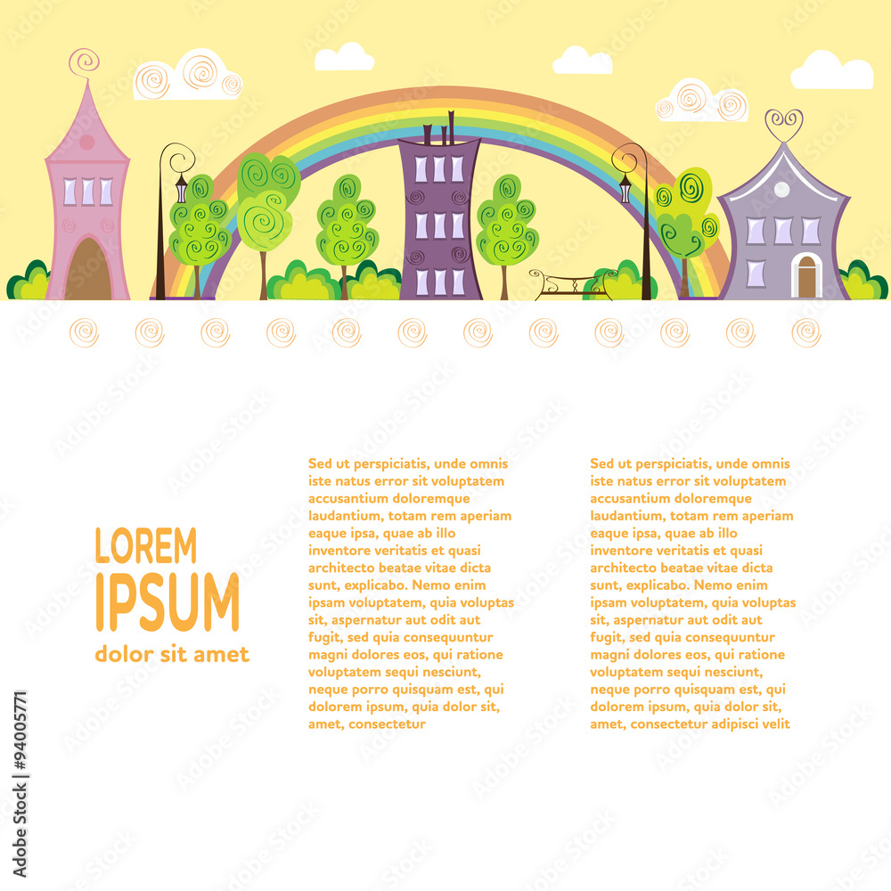 Conceptual city flat design with houses, rainbow, vector illustration, cartoon style. Architectural background for flyer or banner design.