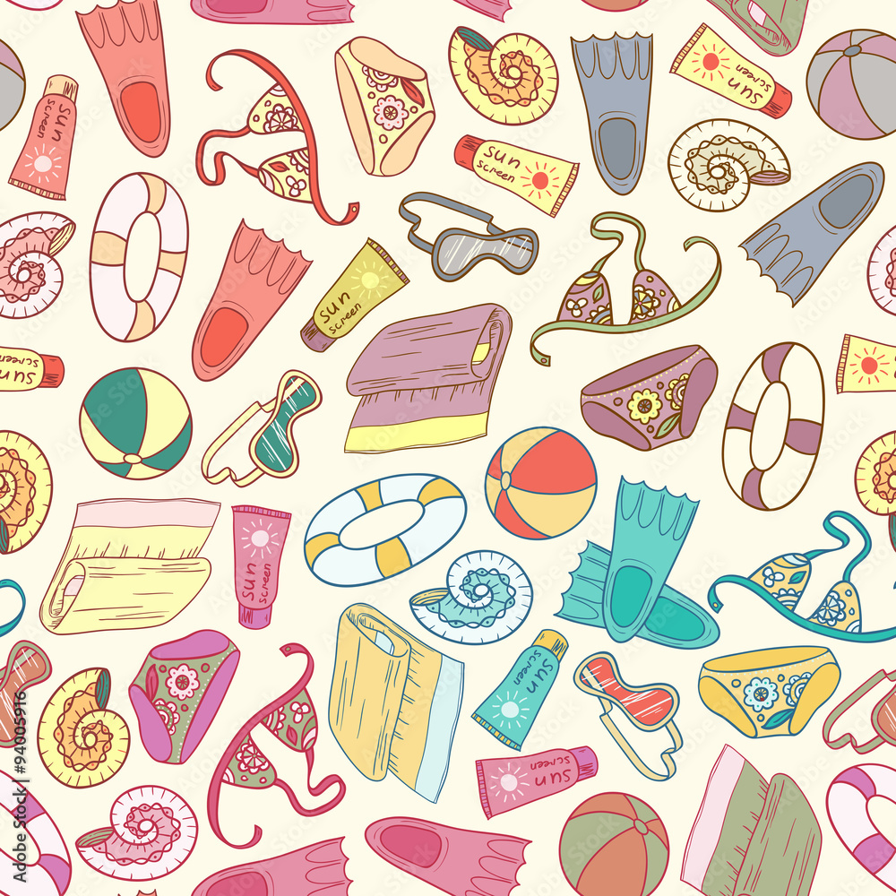 Seamless texture of vacation. Summer beach texture. Summer holiday doodle background. Seamless texture of vacation. Summer beach texture. Summer holiday doodle background.
