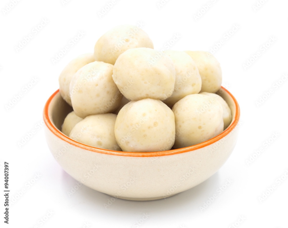 Fishballs in ceramic bowl on white background. Fishballs in ceramic bowl on white background.
