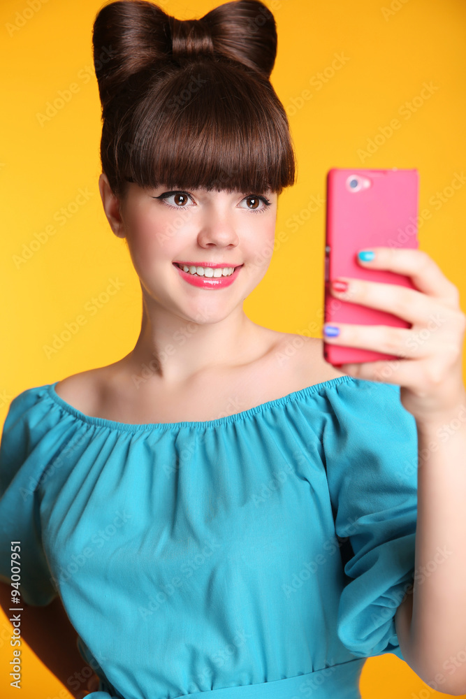 Happy smiling funny teen girl Taking Selfie Photo on Smart Phone Happy smiling funny teen girl Taking Selfie Photo on Smart Phone