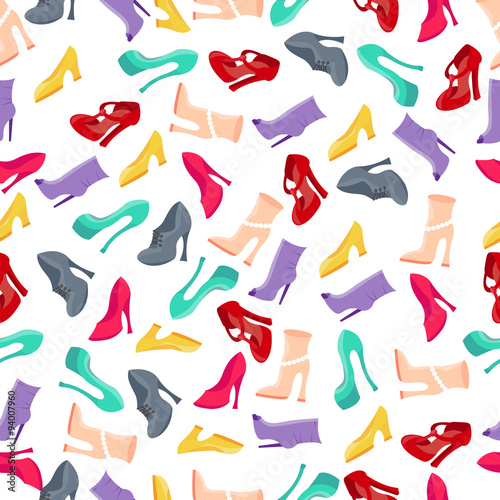   Vector seamless pattern of multicolored women s shoes made in flat design style.