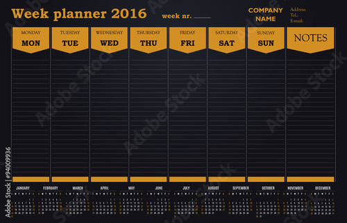 Week planner 2016 calendar for companies - simple black and orange design