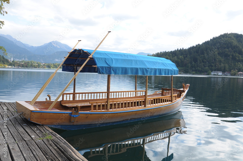 bottomed boat with a canopy on Lake Bled