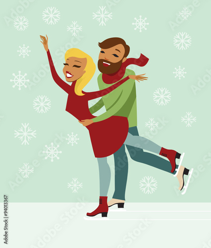 Young couple skating on ice rink together