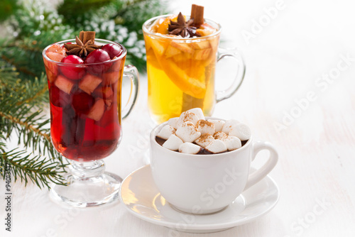 Assorted Christmas beverages, hot chocolate, mulled wine 