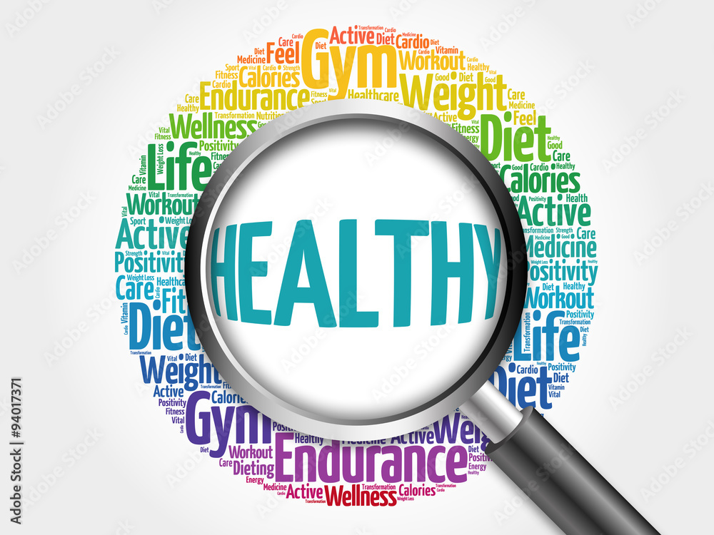 HEALTHY word cloud with magnifying glass, health concept HEALTHY word cloud with magnifying glass, health concept