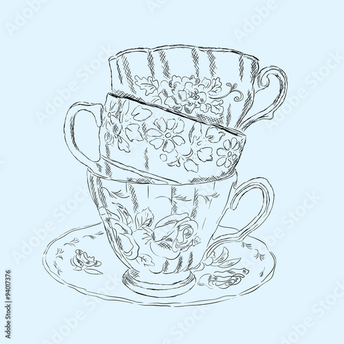 Hand drawing vintage cups . Cups standing pile . Vintage crockery .