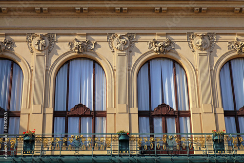 beautiful ornate windows of Municipal House in Prague  Czech Rep