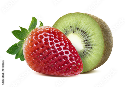 Green kiwi half 2 red strawberry composition isolated on white