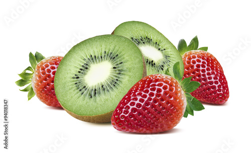 Kiwi half strawberry berry horizontal on white background