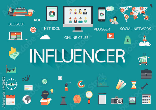 Word INFLUENCER with involved flat icons around. photo