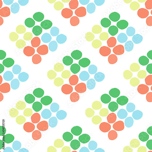 Seamless pattern with rhombus of circles on a white background. Illustration of decorative colorful rhombuses from circles or spots. Repeating spots in the form of rhombuses.