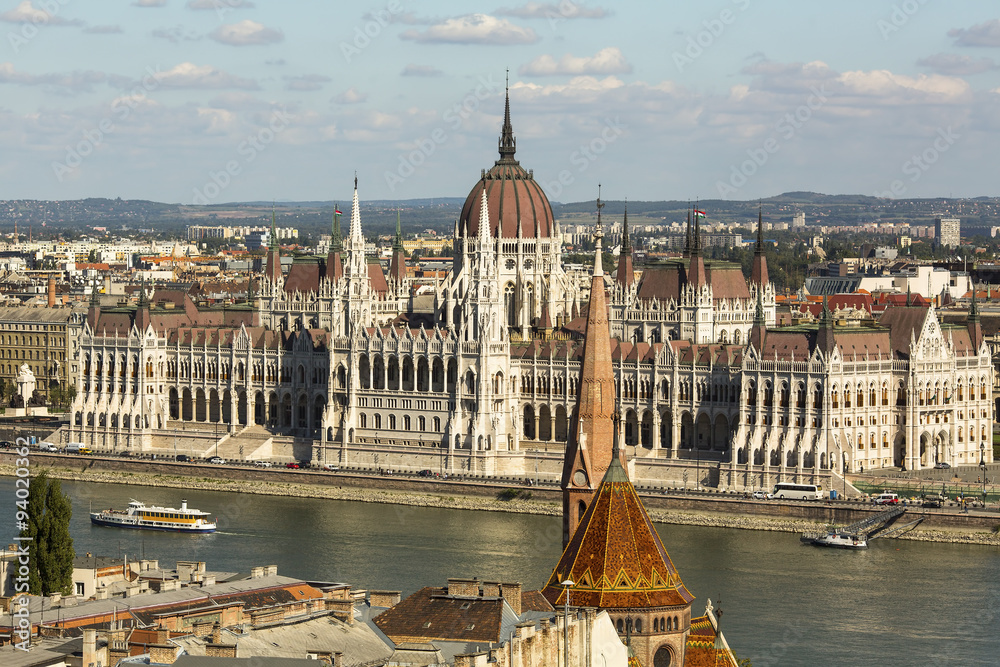 View of Hungarian Parliament Building on the bank of Danube in Budapest.