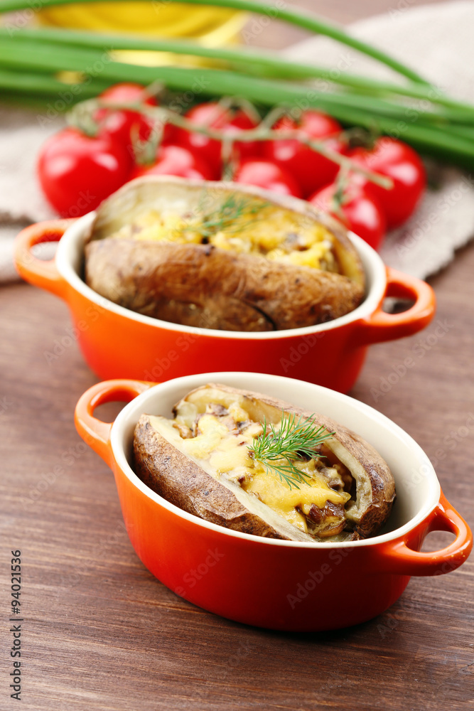 Baked potatoes with cheese and mushrooms on table close up Baked potatoes with cheese and mushrooms on table close up