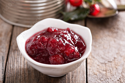 Storebought cranberry sauce in small dish