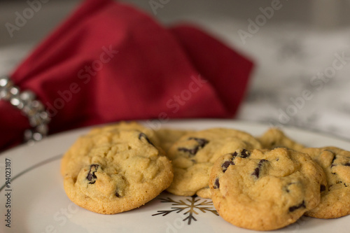 Chocolate chip cookies on snowflake plate