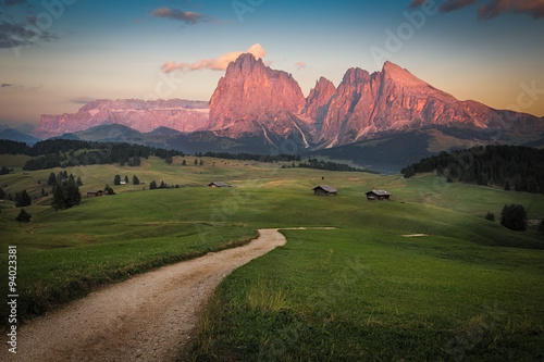 Seiser Alm with Langkofel Group after sunset, South Tyrol, Italy