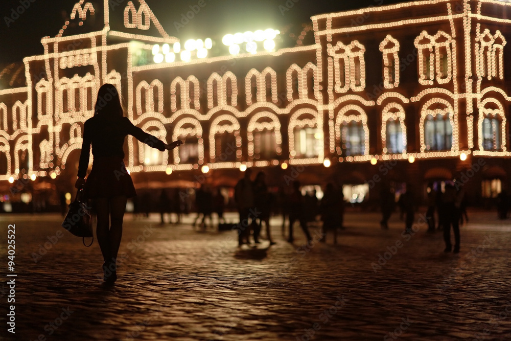 girl night walk around Moscow