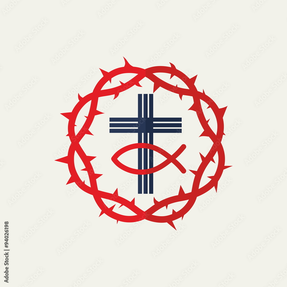 Church logo. Crown of thorns, cross, Jesus fish. Church logo. Crown of thorns, cross, Jesus fish.