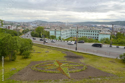 View of Chelyuskintsev Street of the city of Murmansk. Top view