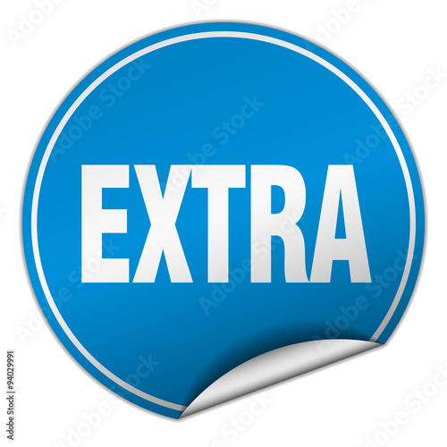extra round blue sticker isolated on white