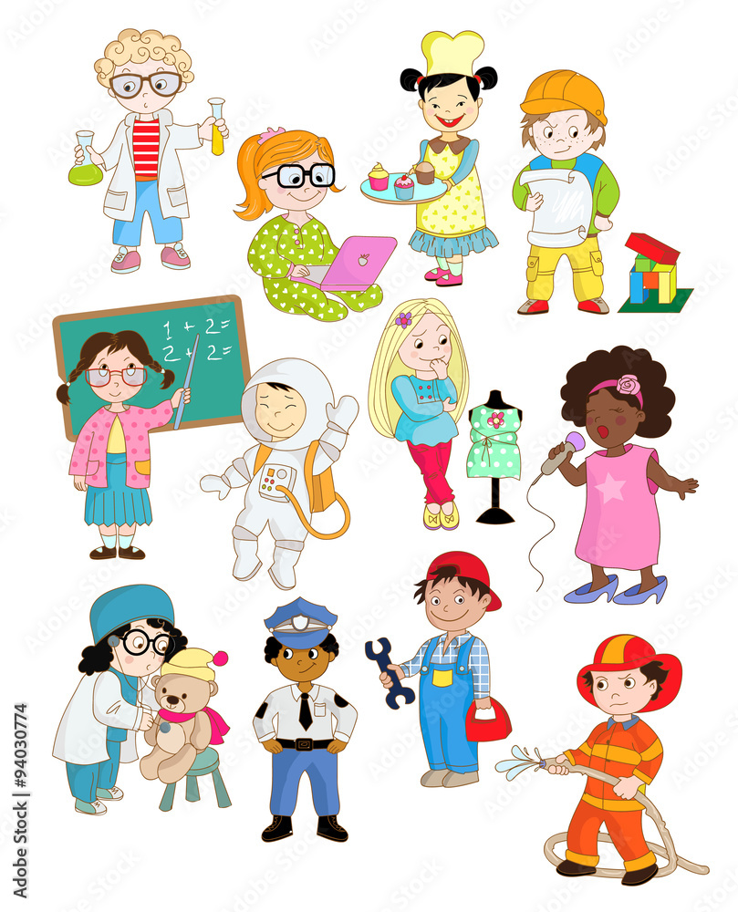 Children pretending as grown ups and playing their future professions Children pretending as grown ups and playing their future professions