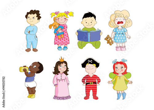A colorful clip art set of toddlers wearing pajamas and getting ready to sleep.