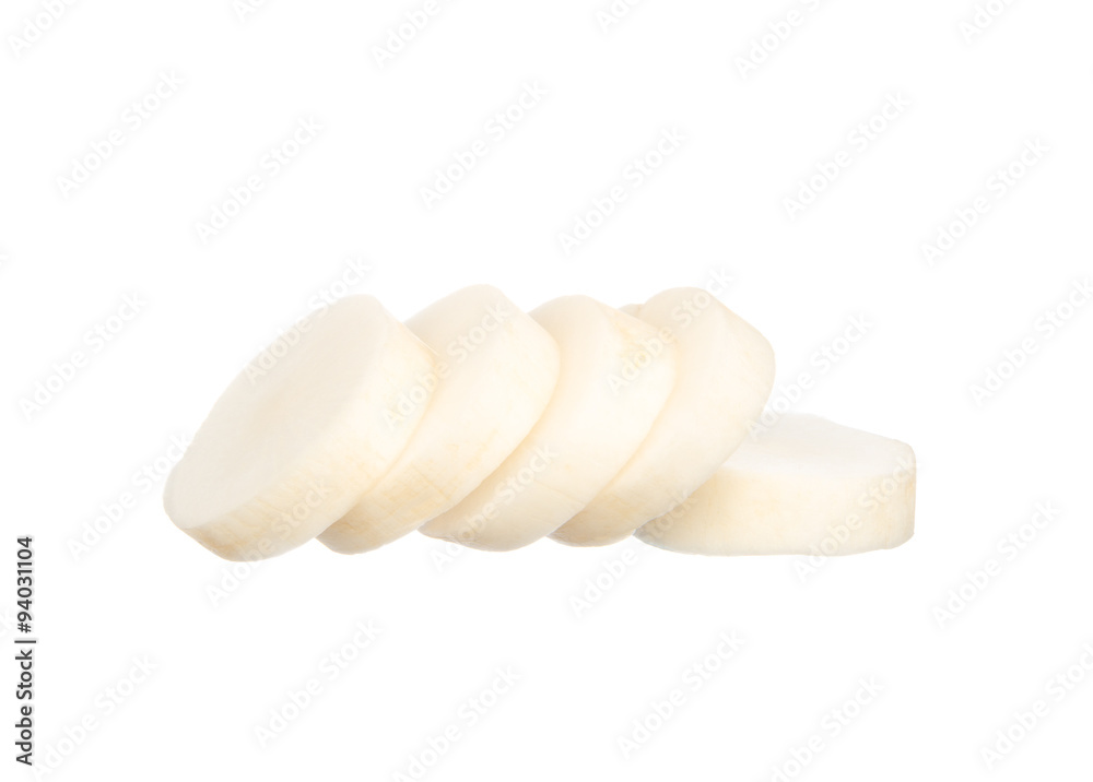 Sliced chinese radishes isolated on white background