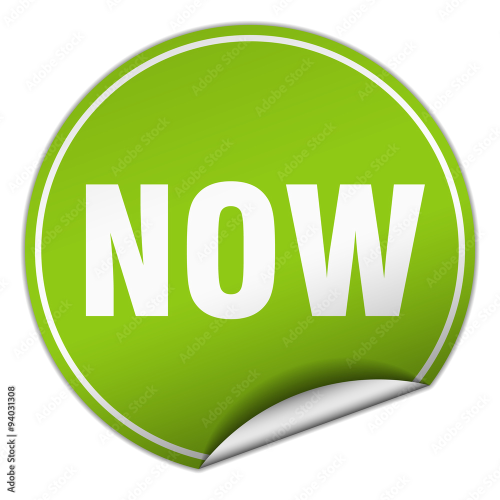 now round green sticker isolated on white now round green sticker isolated on white