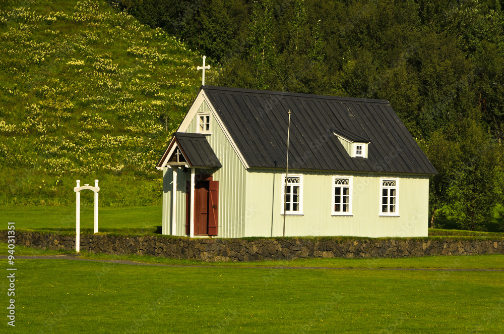 Traditional Icelandic wooden church at Skogar, Iceland