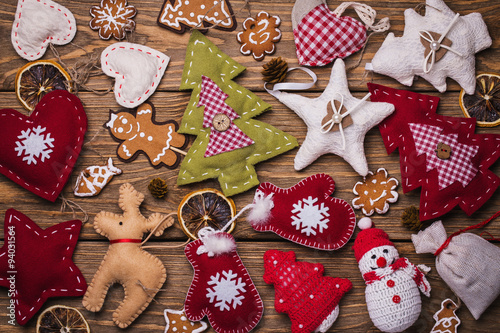 Background of Christmas toys, top view