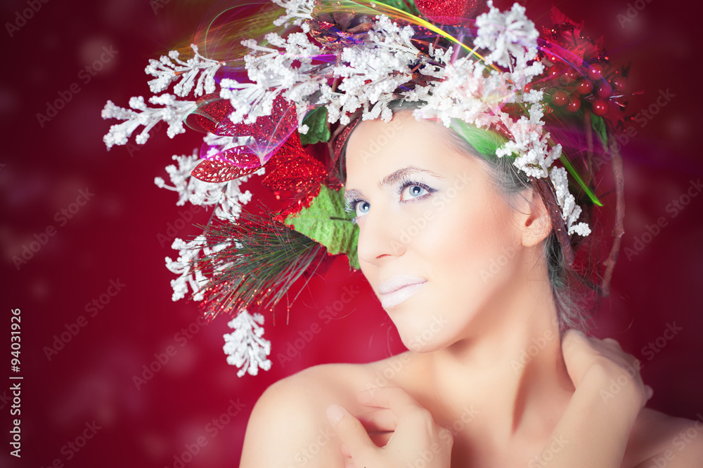 Christmas winter woman with tree hairstyle and makeup, fashion model