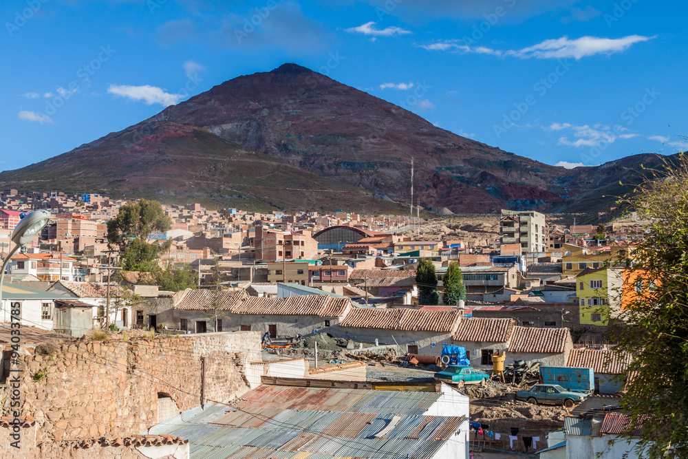 View of a historic center of Potosi, Bolivia. Cerro Rico (Rich Mountain) in background.