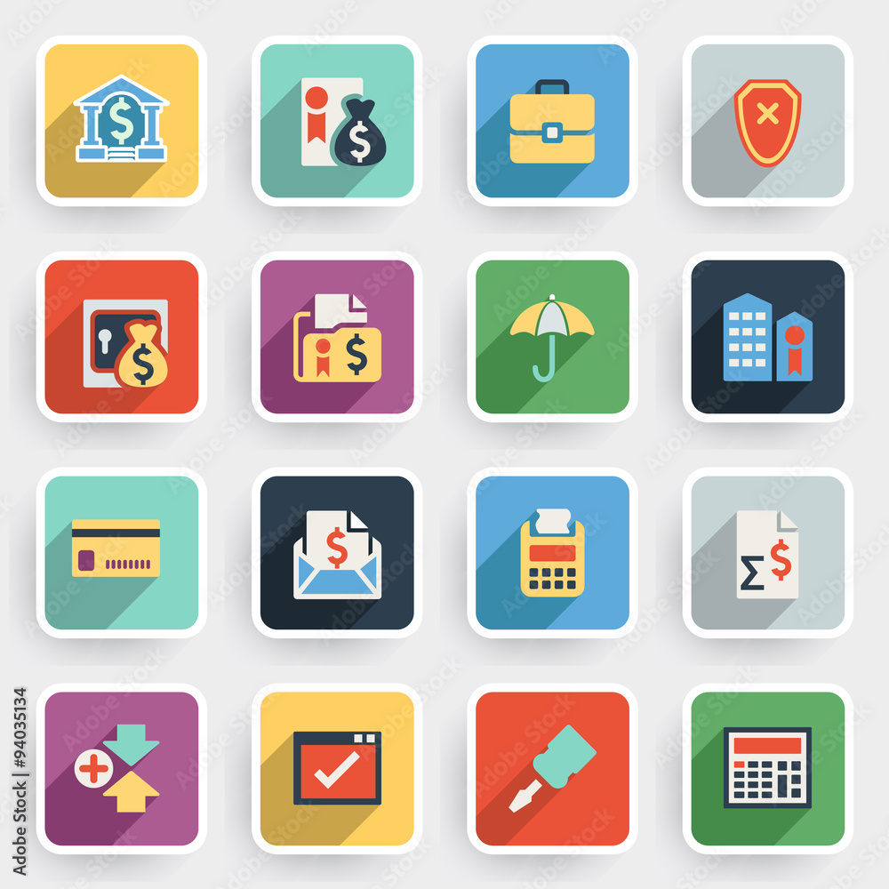 Banking modern flat icons with color buttons on gray background. Banking modern flat icons with color buttons on gray background.